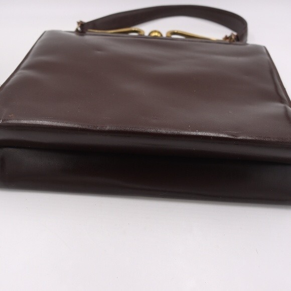 Vintage 1960s Large Brown Leather Handbag Gold Frame Kiss Lock Purse - Picture 9 of 16